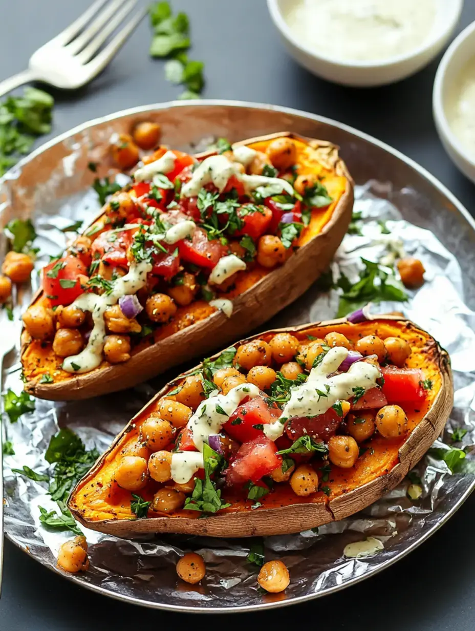 Une assiette de patates douces au four garnies de pois chiches, tomates hachées et nappées d'une sauce crémeuse, décorées d'herbes fraîches.
