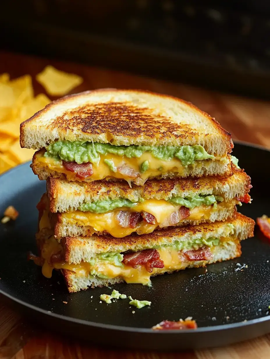 Un sandwich grillé superposé avec des couches de cheddar fondu, bacon et guacamole sur du pain grillé servi dans une assiette noire, accompagné de chips tortilla éparpillées en arrière-plan.