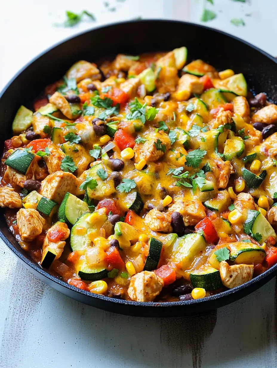 Un plat coloré dans une poêle avec du poulet en dés, des courgettes, des haricots noirs, du maïs, des tomates, garni de fromage fondu et de coriandre fraîche.