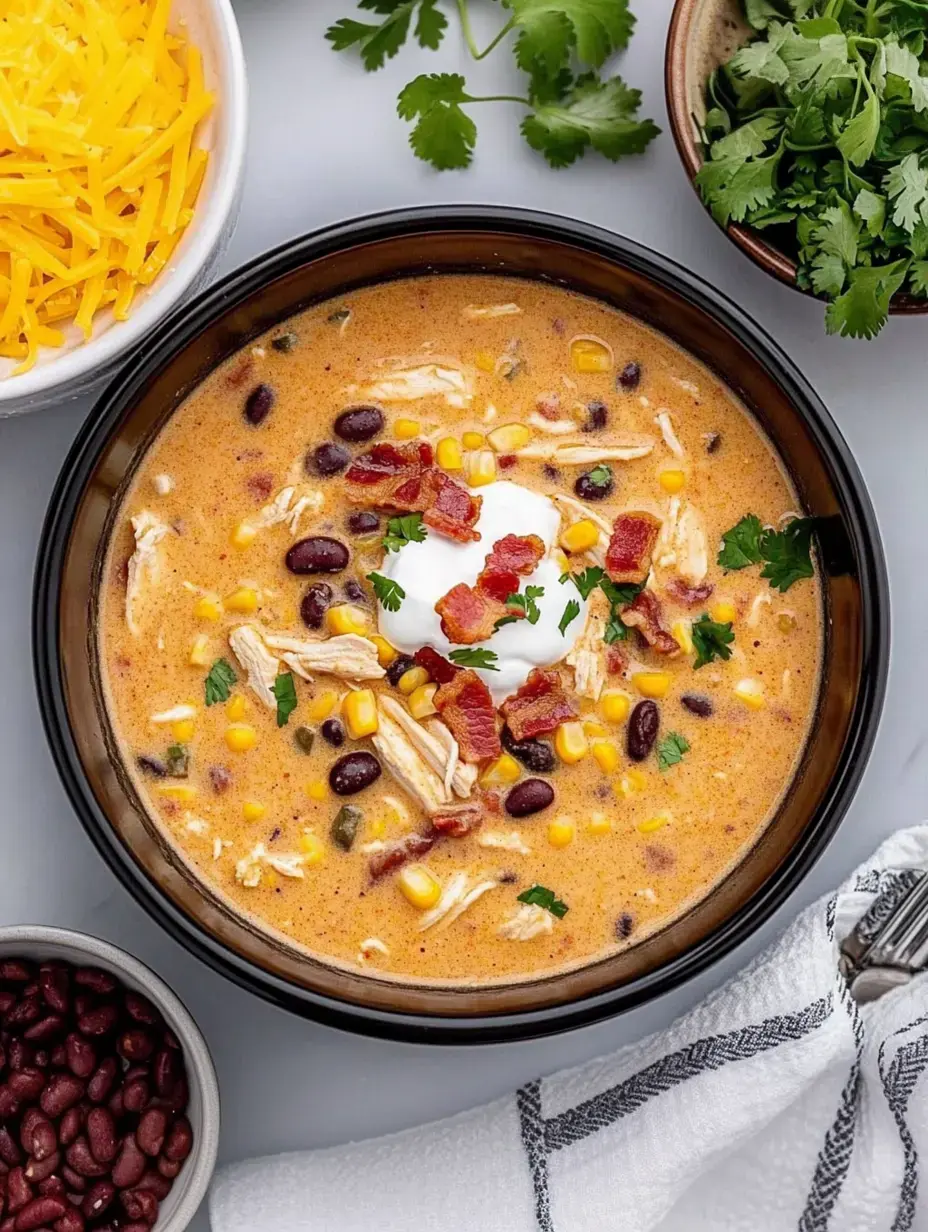 Un bol de soupe crémeuse au poulet avec haricots noirs, maïs, poulet effiloché, garni de crème fraîche, morceaux de bacon et coriandre fraîche, entouré de garnitures de fromage râpé et herbes fraîches.