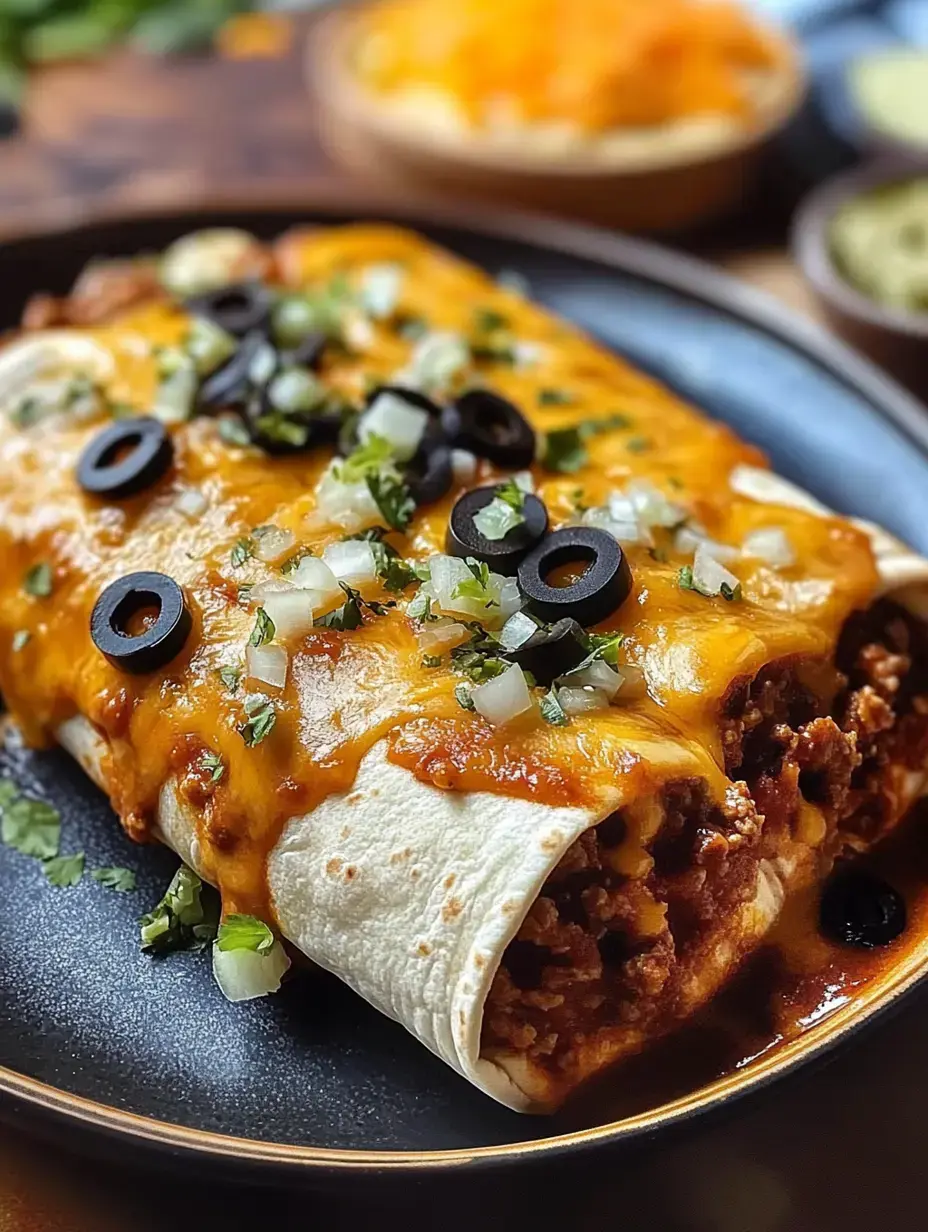Une vue rapprochée d'une assiette avec deux enchiladas garnies de fromage fondu, olives noires, oignons hachés et coriandre, avec des accompagnements supplémentaires en arrière-plan.