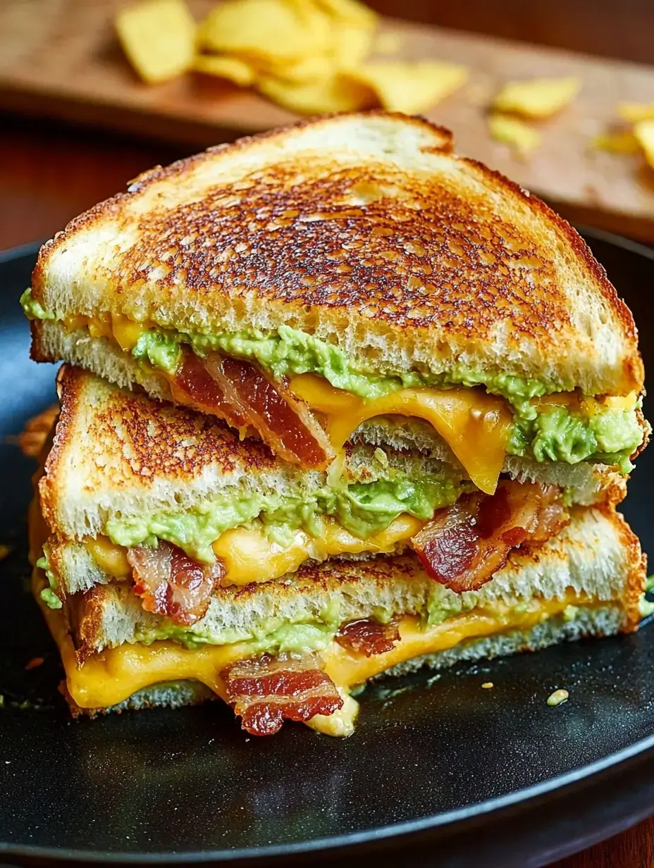 Gros plan d'un sandwich au fromage grillé garni de cheddar fondu, bacon et avocat sur du pain grillé, servi dans une assiette noire avec des chips tortilla en arrière-plan.