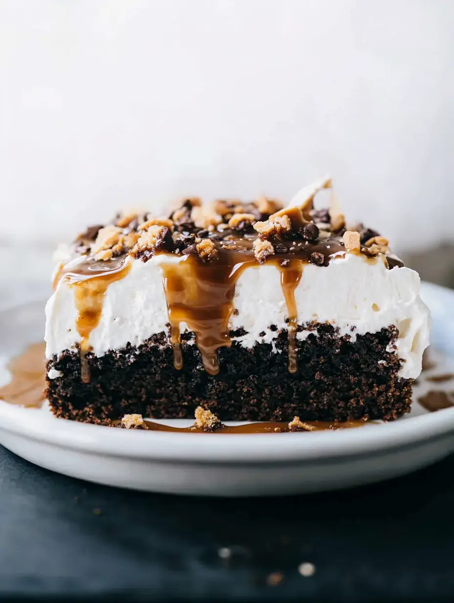 Une part de gâteau au chocolat garnie de crème fouettée, de filet de caramel et de miettes de chocolat sur une assiette blanche.