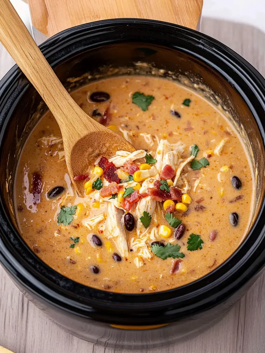 Vue rapprochée d'une soupe crémeuse au poulet dans une mijoteuse noire, garnie de maïs, haricots noirs, bacon et coriandre, remuée avec une cuillère en bois.