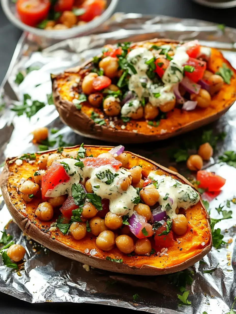 Patates douces au four garnies de pois chiches, tomates coupées en dés, oignon rouge et un filet de sauce crémeuse, décorées d'herbes fraîches sur un lit de papier aluminium.