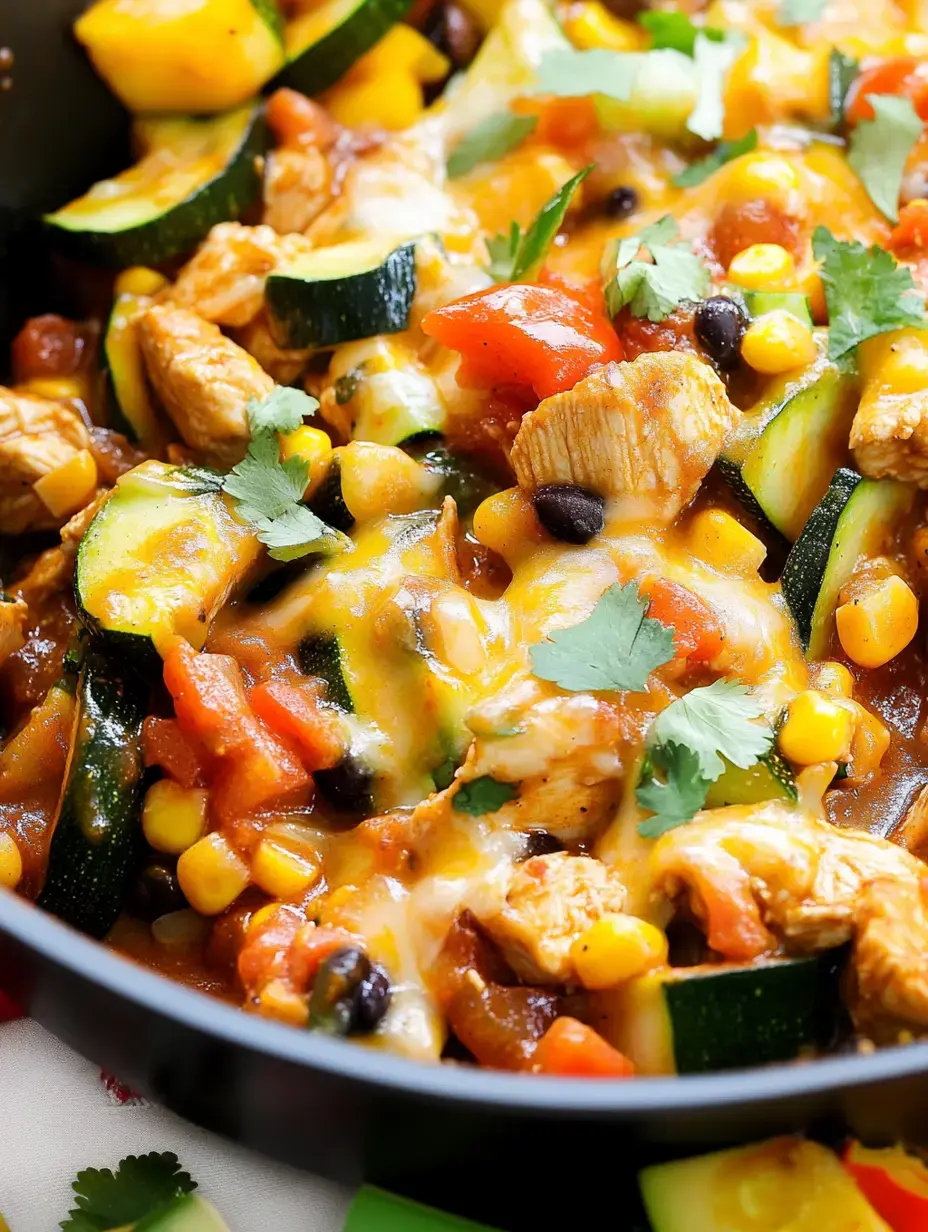 Une vue rapprochée d'un plat coloré avec du poulet en dés, des courgettes, du maïs, des haricots noirs et du fromage fondu, garni de coriandre fraîche.