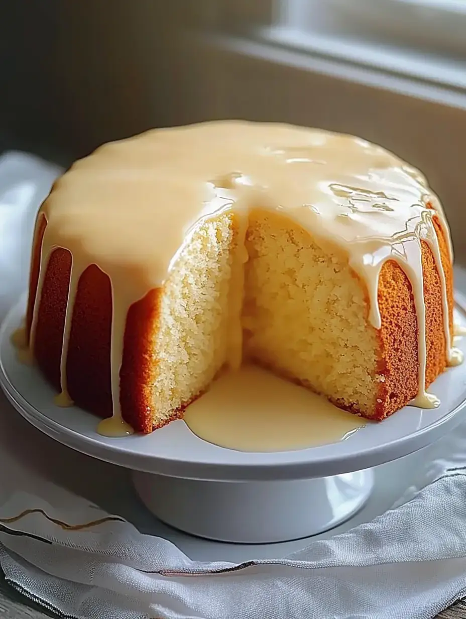 Un gâteau tranché avec un glaçage brillant posé sur un présentoir blanc, montrant son intérieur moelleux et aéré.