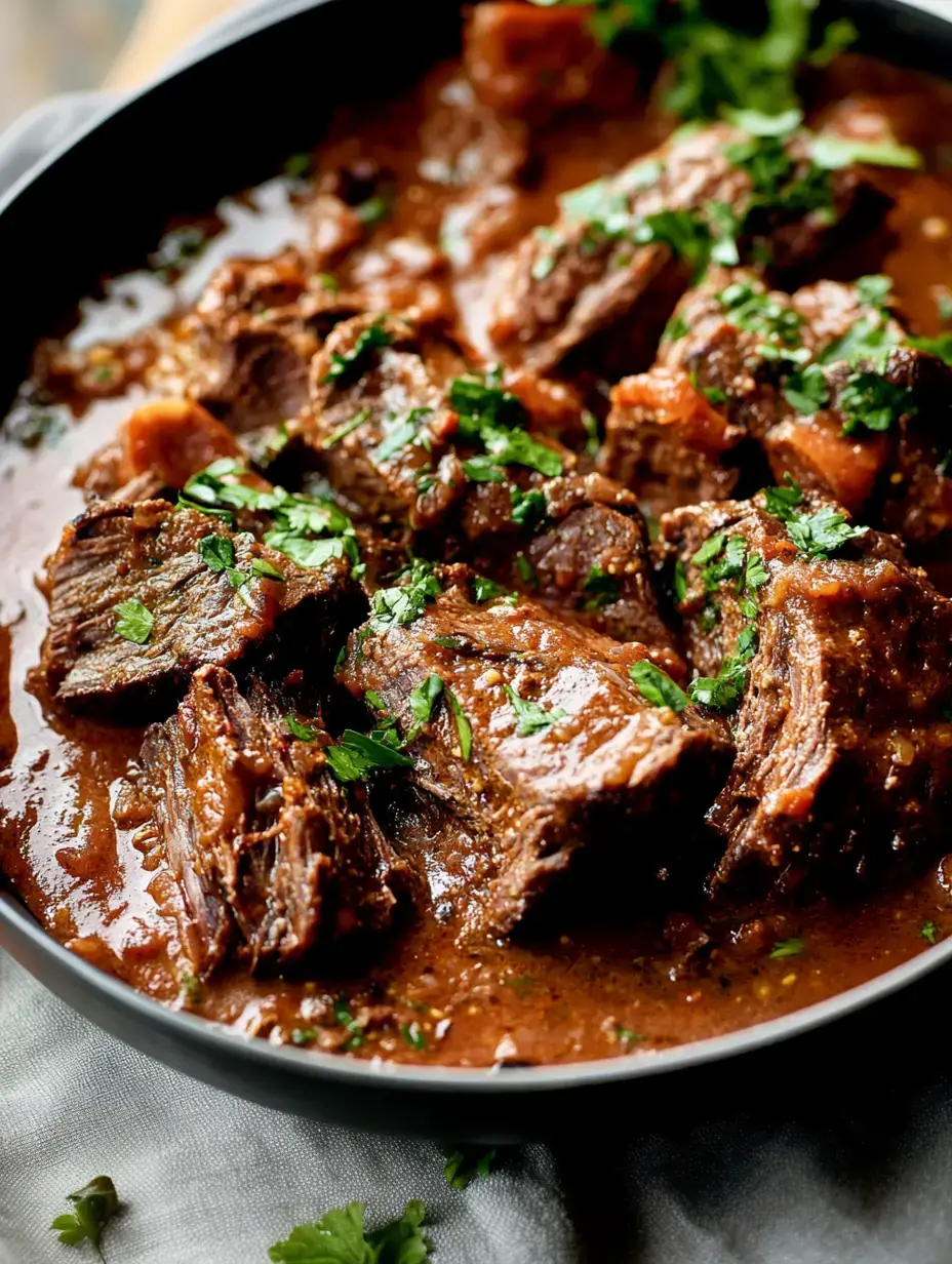 Un gros plan d'un bol de morceaux de bœuf tendres mijotés dans une sauce riche et garnis de coriandre fraîche.