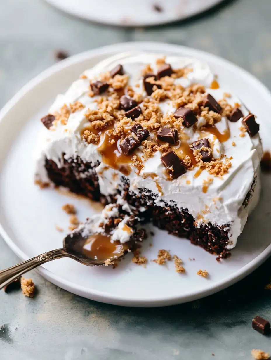 Un gâteau au chocolat tranché garni de crème fouettée, morceaux de chocolat, caramel et biscuits émiettés, avec une cuillère posée à côté.