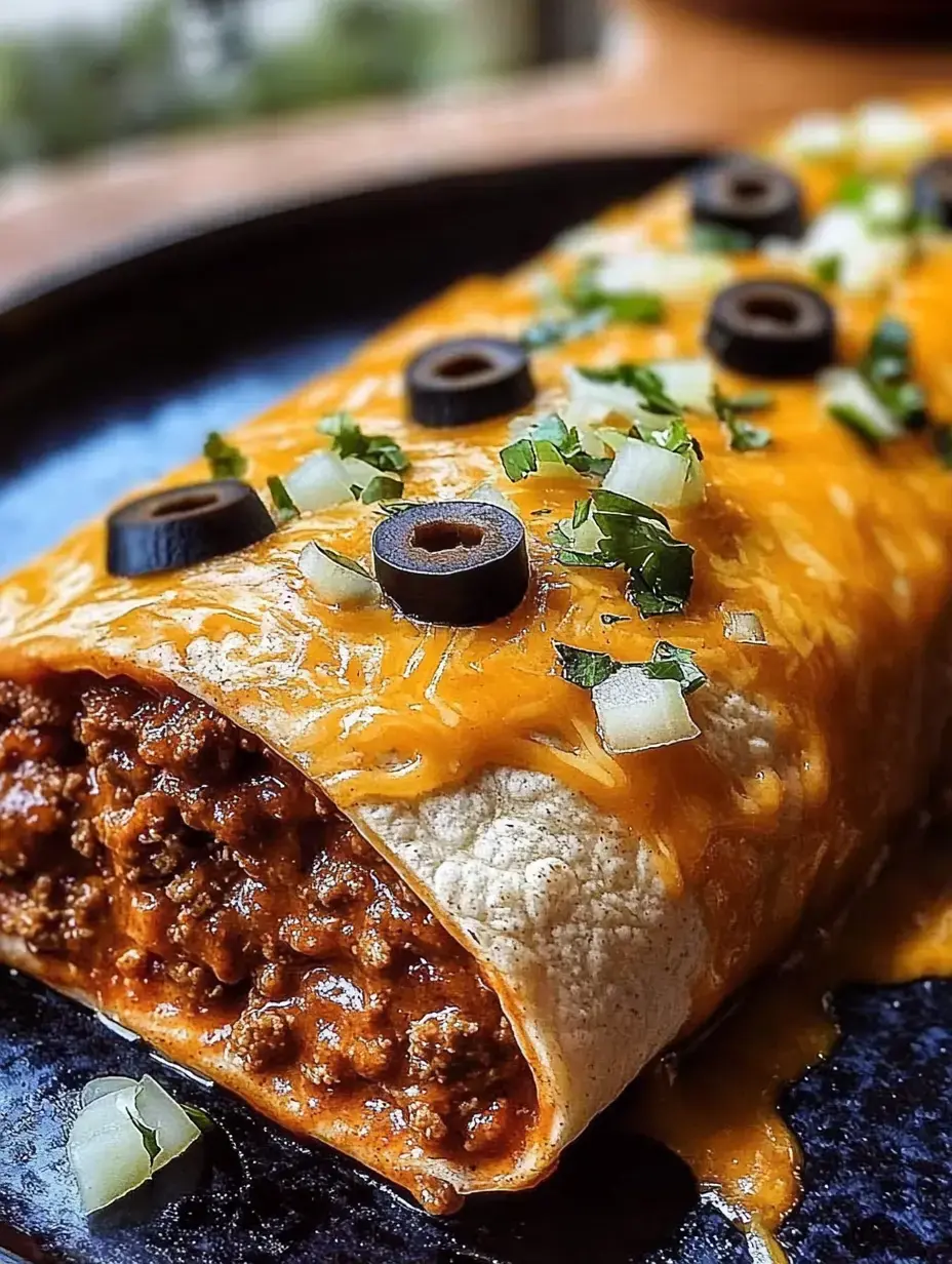 Un gros plan d'un burrito au fromage rempli de viande assaisonnée, garni d'olives noires et d'oignons hachés.