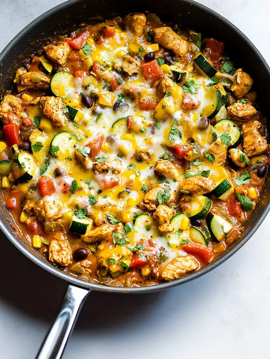 Une poêle remplie d'un mélange coloré de poulet, courgettes, poivrons, maïs, haricots noirs et fromage fondu, garni de coriandre fraîche.