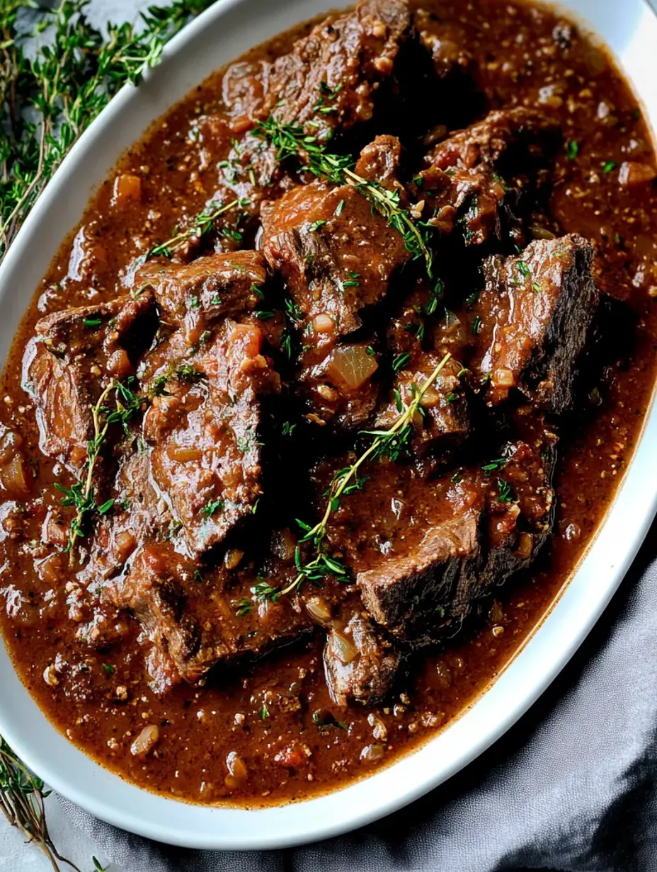 Une vue rapprochée de morceaux de bœuf tendres dans une riche sauce brune, garnie de thym frais, servie dans un plat ovale blanc.