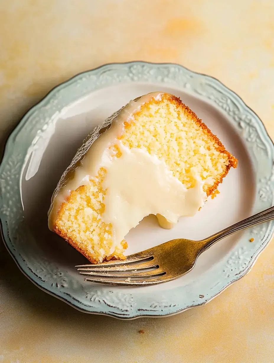 Une tranche de gâteau moelleux avec un léger glaçage posée sur une assiette décorative à côté d'une fourchette.