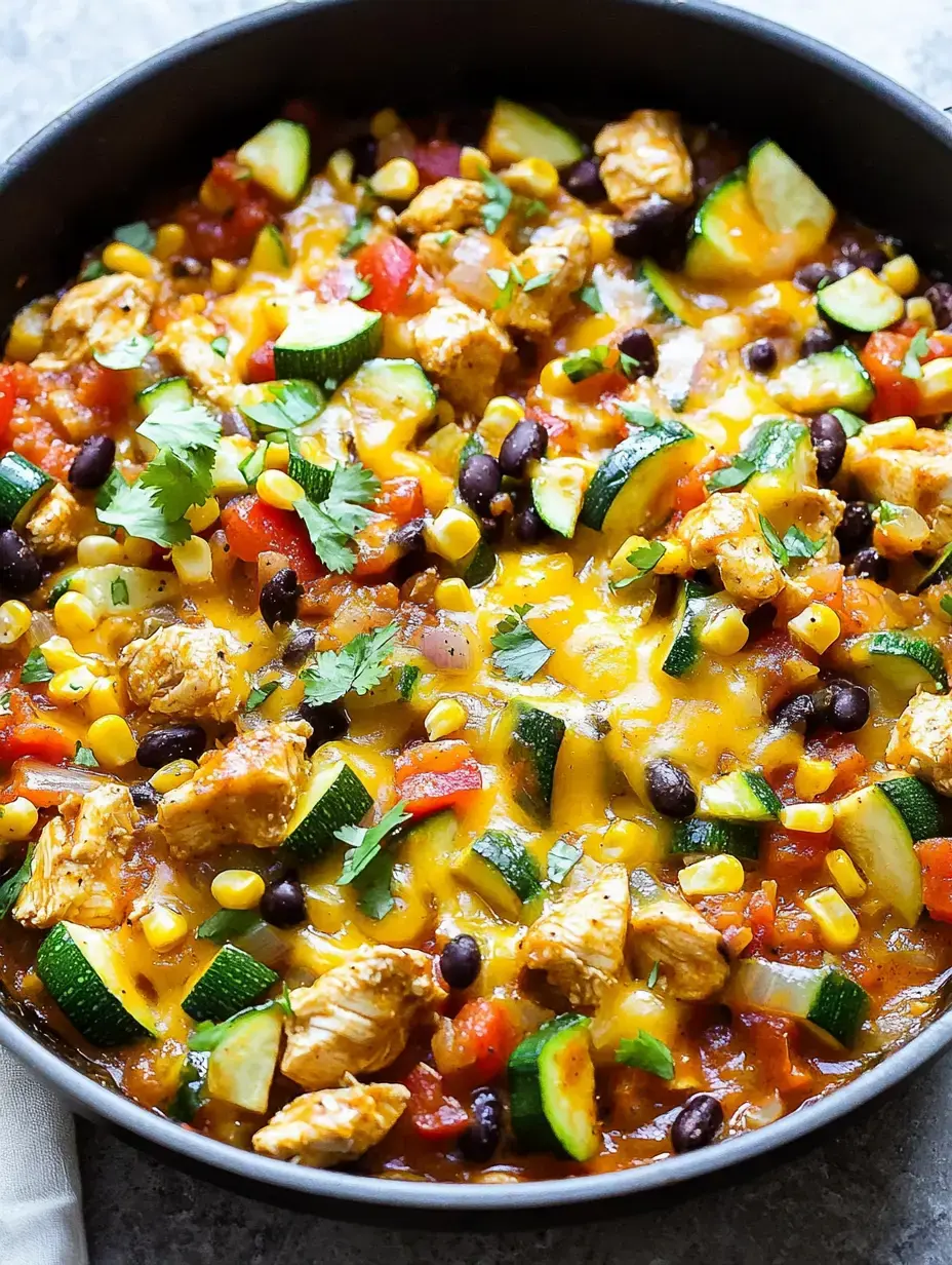 Un plat coloré dans une poêle avec du poulet en dés, des haricots noirs, du maïs, des courgettes et du fromage fondu, garni de coriandre fraîche.