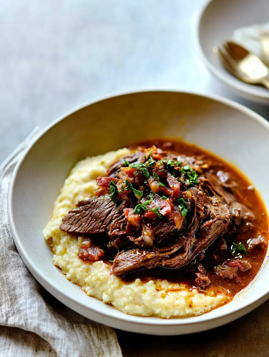 Un bol de polenta crémeuse garnie de bœuf tendre, de sauce riche, et décorée d'herbes hachées et de bacon.