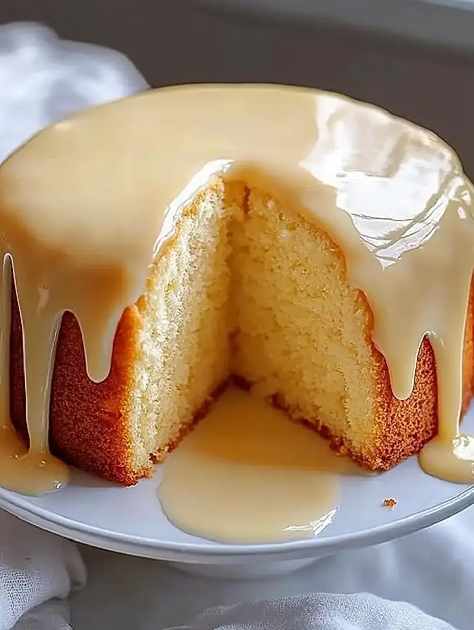 Un gâteau fraîchement cuit posé sur une assiette, avec une portion découpée et nappée de glaçage crémeux.