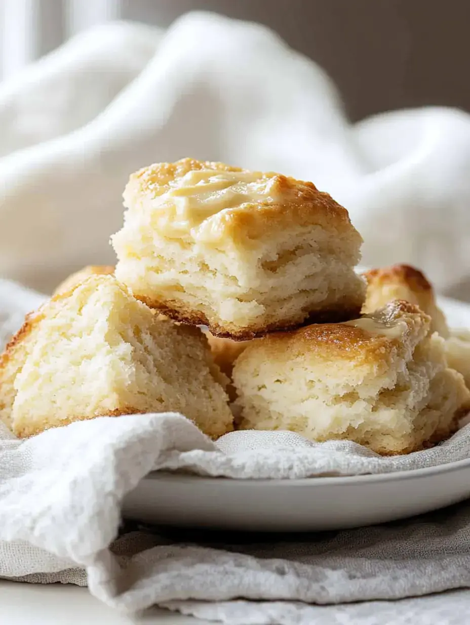 Un gros plan de biscuits moelleux et dorés disposés sur une assiette, certains avec du beurre fondu sur le dessus, sur un fond texturé doux.