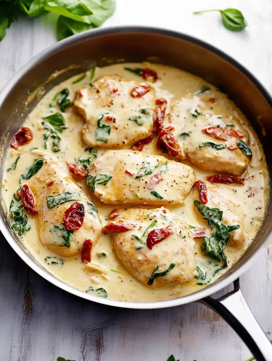 Une poêle remplie de blancs de poulet cuits dans une sauce crémeuse avec épinards et tomates séchées.