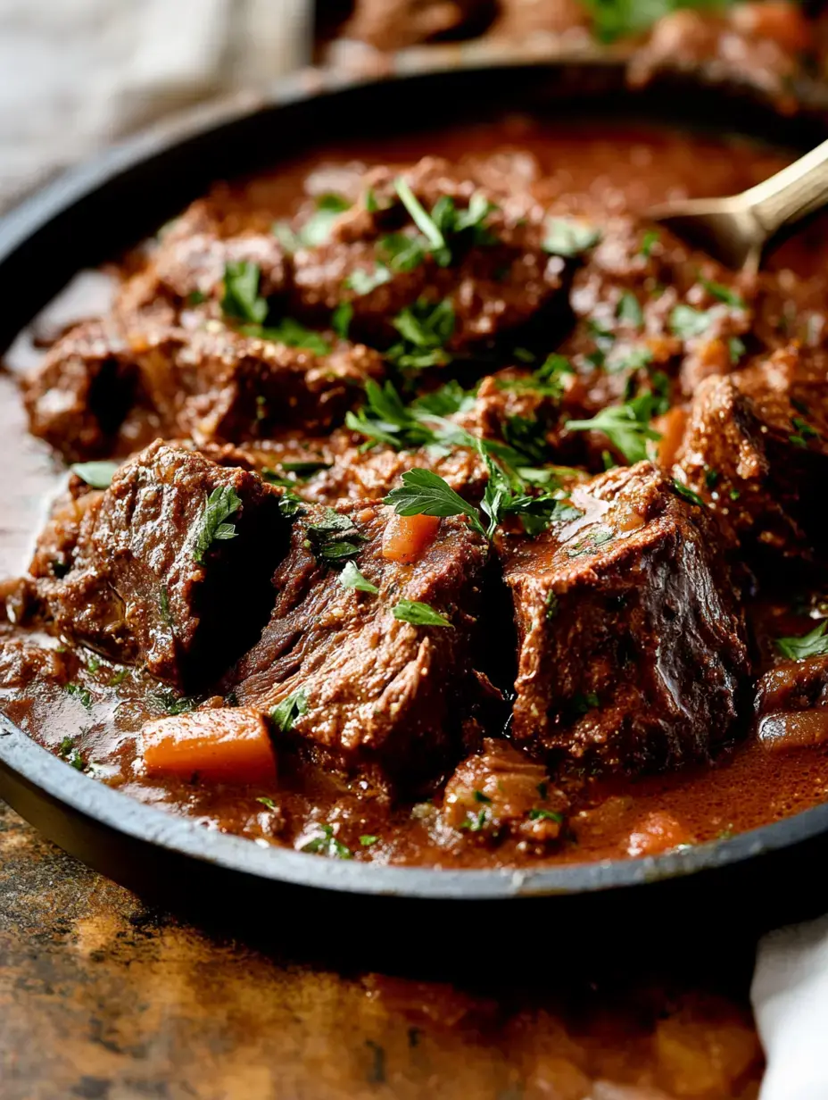 Un gros plan de morceaux de bœuf tendres mijotant dans une sauce riche, garnis d'herbes fraîches et servis dans un bol foncé.