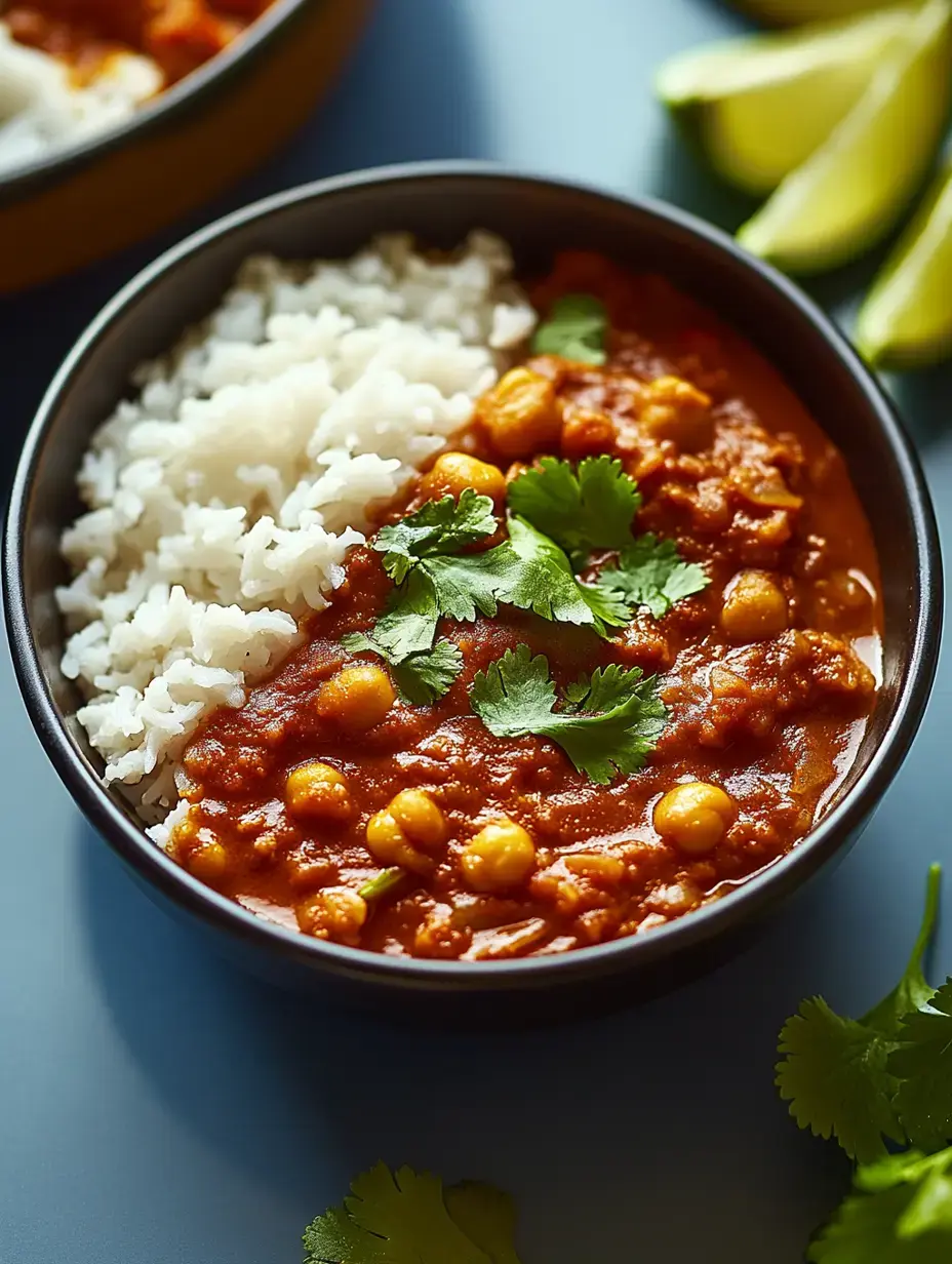 Un bol de curry de pois chiches garni de coriandre fraîche, servi avec une portion de riz blanc.