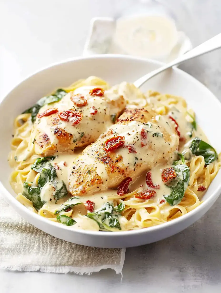 Un bol de pâtes fettuccine garni de poulet grillé, sauce crémeuse, épinards et tomates séchées.