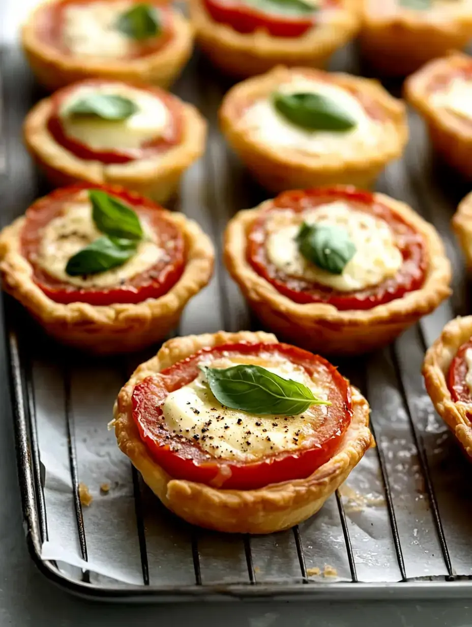 Un plateau de tartelettes à la tomate et au fromage garnies de feuilles de basilic frais.
