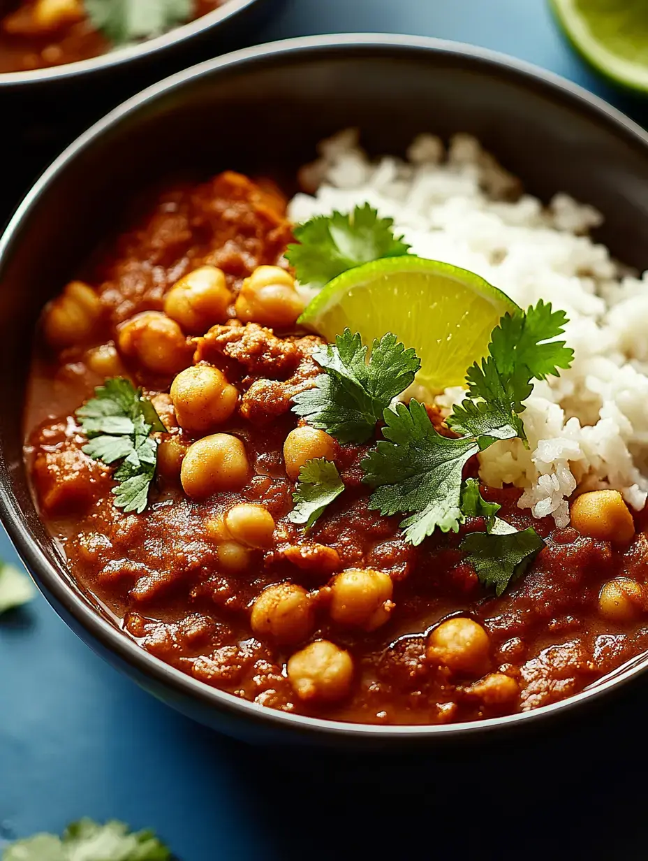 Un gros plan d'un bol contenant un ragoût épicé de pois chiches garni de coriandre et d'une tranche de citron vert, servi avec une portion de riz blanc moelleux.