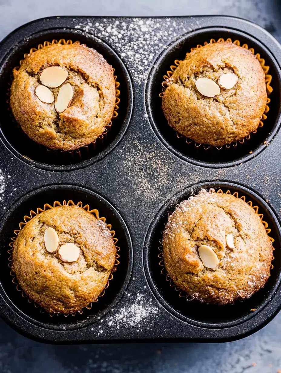 Vue de dessus de quatre muffins fraîchement cuits dans un moule à cupcakes noir, chacun garni d'amandes effilées et saupoudré de sucre glace.