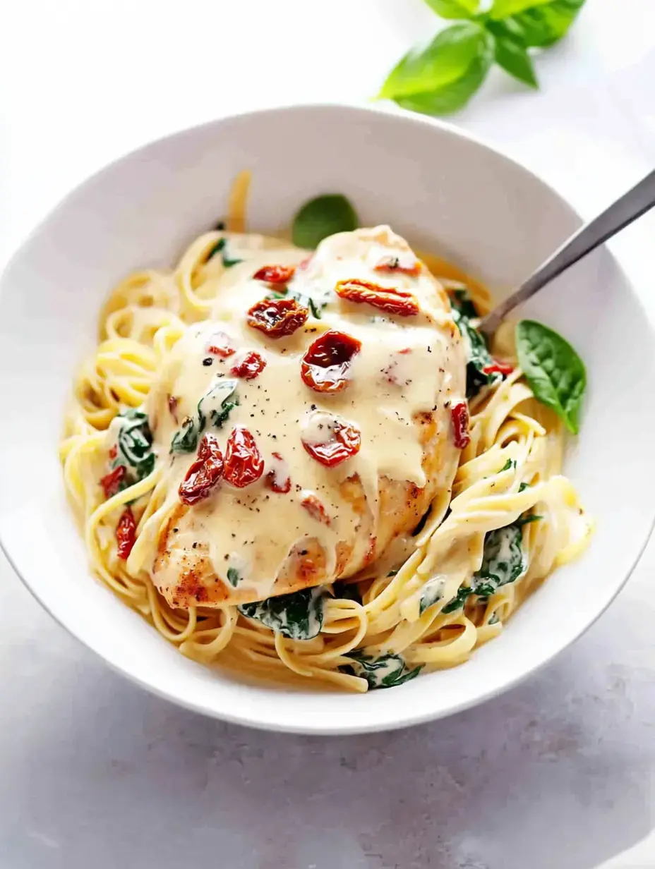 Un bol de pâtes fettuccine nappé de sauce crémeuse, épinards, tomates séchées et un morceau de poulet.
