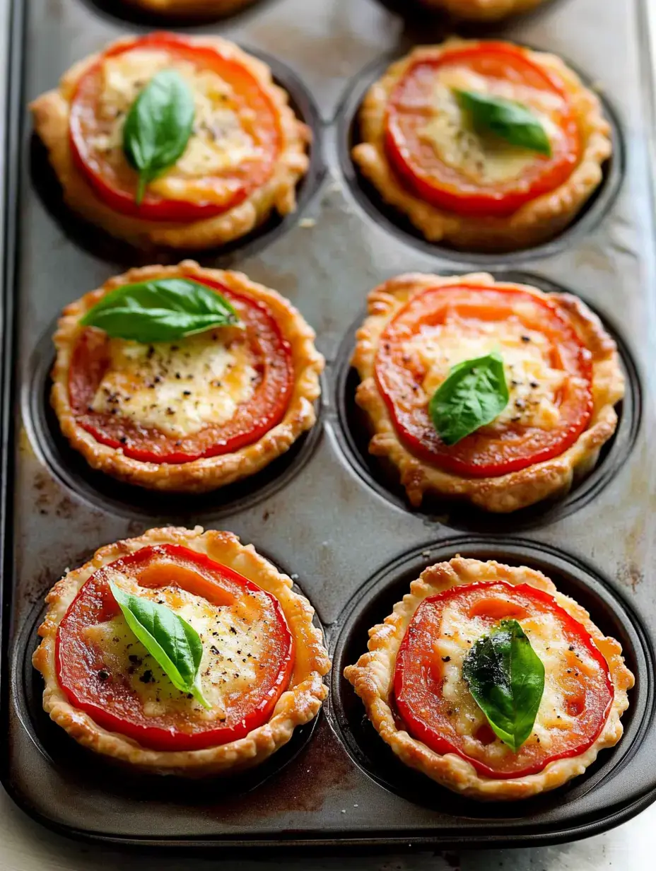 Un moule à muffins contient de petites tartes à croûte dorée garnies de tranches de tomate, de fromage et de feuilles de basilic frais.