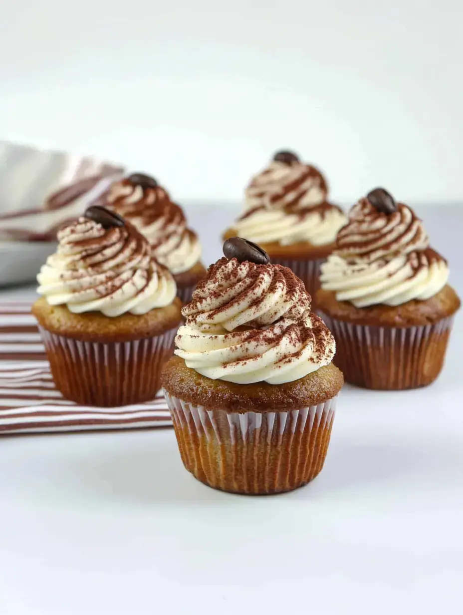 Un gros plan de plusieurs cupcakes au café garnis de tourbillons de crème au beurre, de poudre de cacao et de grains de café.