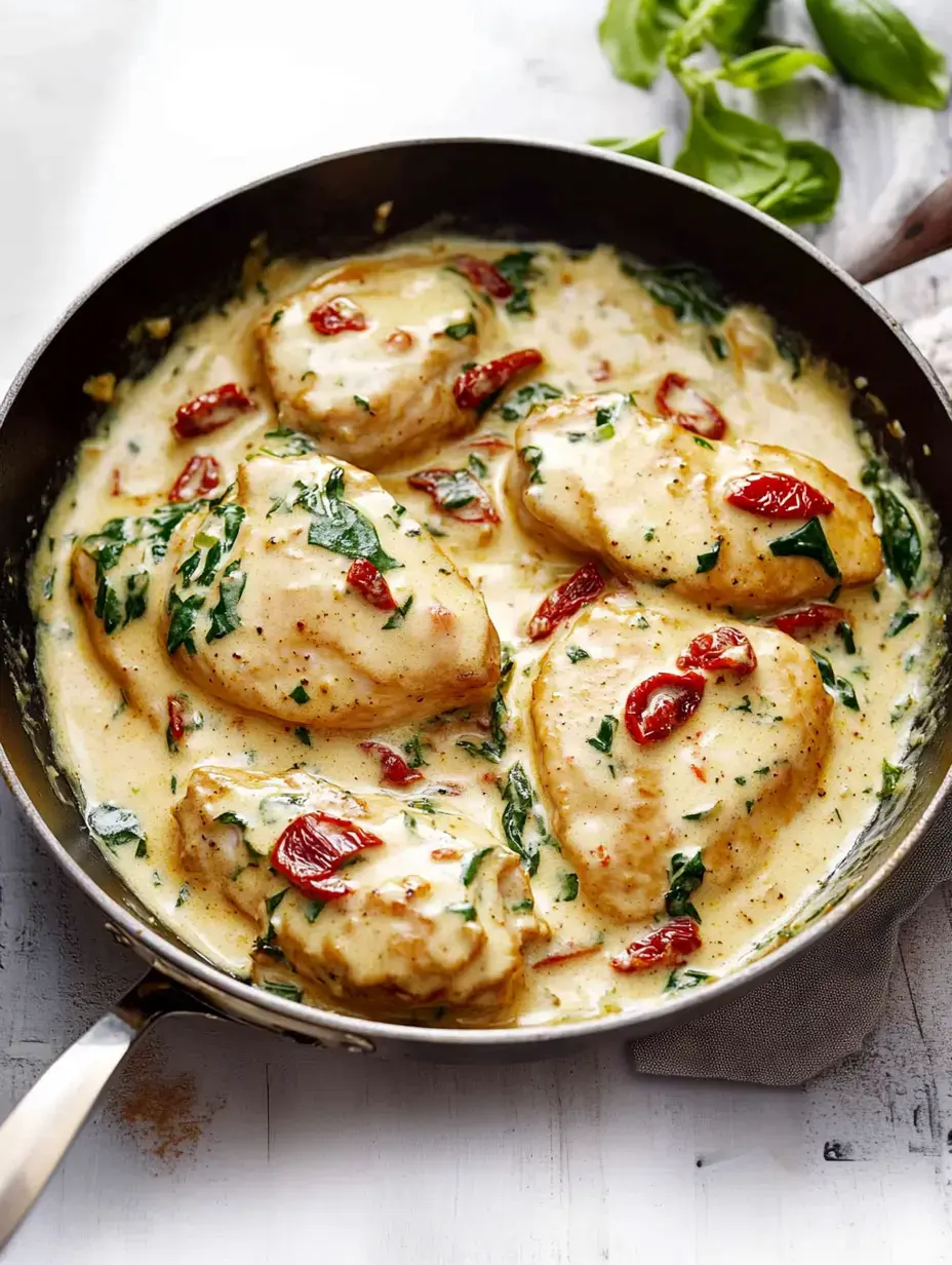 Une poêle remplie de blancs de poulet crémeux garnis d'épinards et de tomates séchées.
