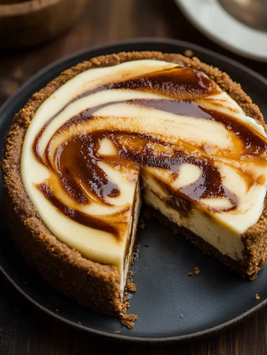Une part de cheesecake avec un nappage marbré au caramel est présentée sur une assiette noire, révélant une garniture crémeuse et une croûte de biscuits graham.