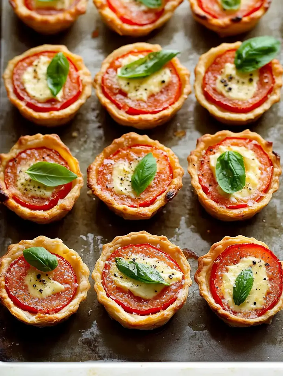 Un plateau de mini tartes à la tomate et au fromage garnies de feuilles de basilic frais.