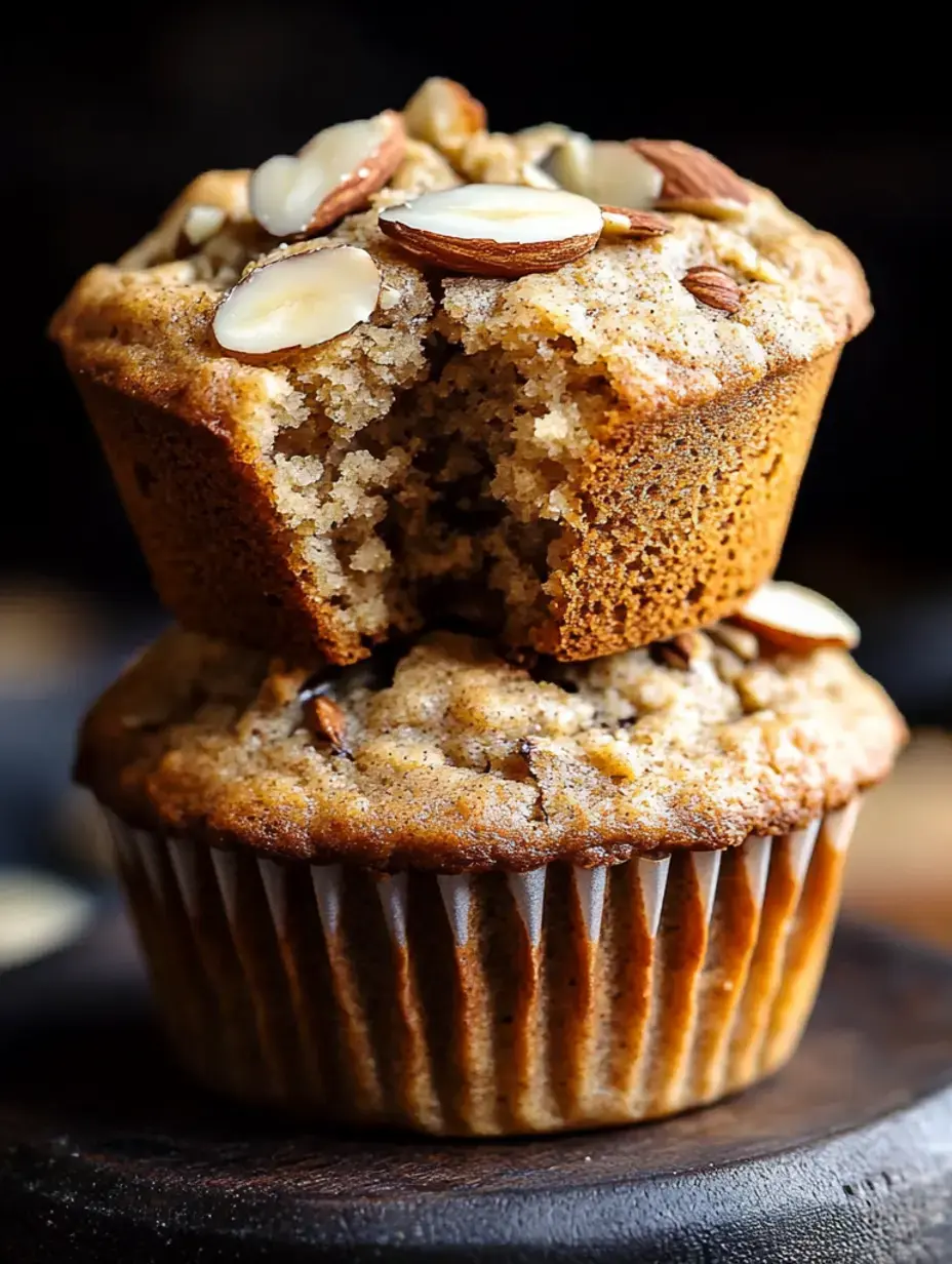 Une pile de deux muffins garnis d'amandes, l'un partiellement mangé, sur une surface en bois.