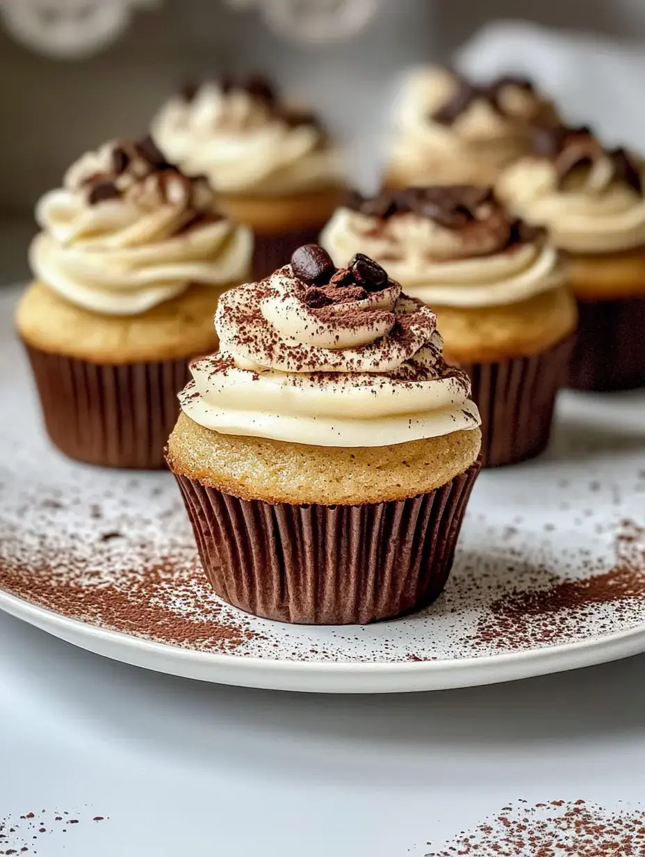 Un gros plan d'un cupcake glacé garni de copeaux de chocolat et de grains de café, entouré d'autres cupcakes sur une assiette blanche avec une saupoudrage de cacao.