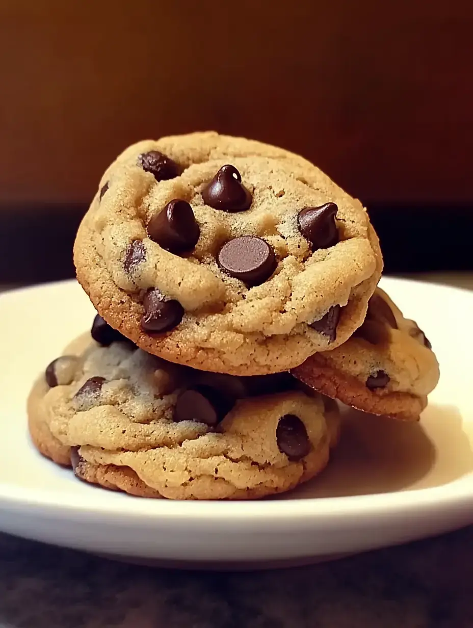 Une pile de trois cookies aux pépites de chocolat posée sur une assiette blanche sur fond sombre.