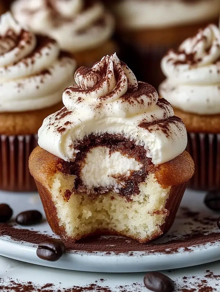 Un gros plan d'un cupcake partiellement mangé avec une garniture crémeuse, surmonté de tourbillons de glaçage et saupoudré de cacao, entouré de grains de café.