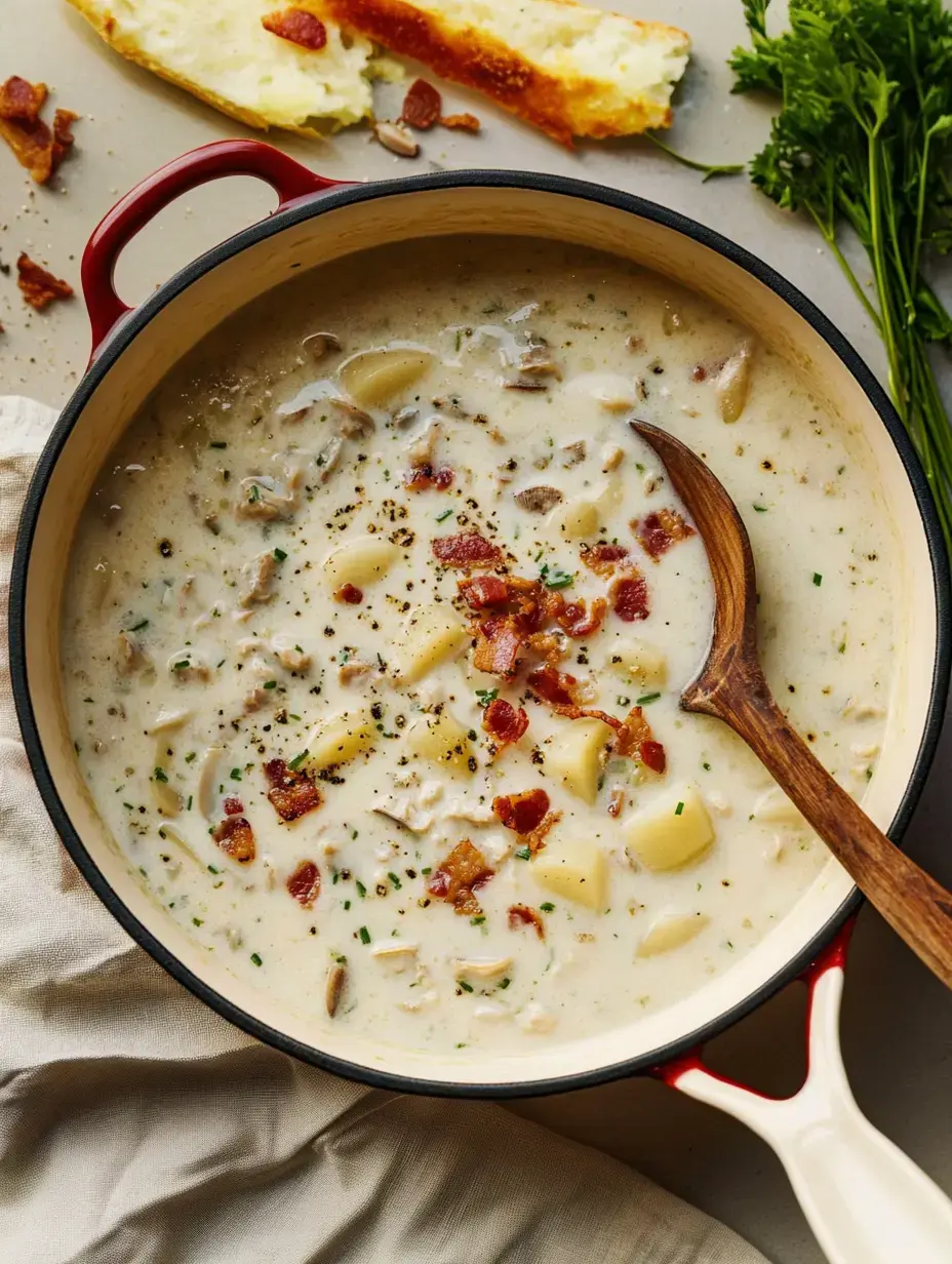 Une soupe crémeuse avec pommes de terre et bacon présentée dans une marmite rouge, entourée de pain et d'herbes sur une surface claire.