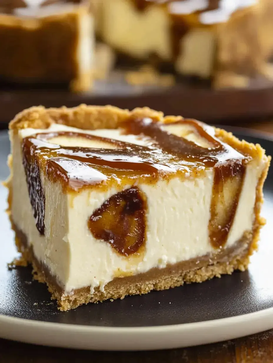 Une part de cheesecake avec un nappage au caramel sur une assiette noire, montrant une croûte de biscuits graham.