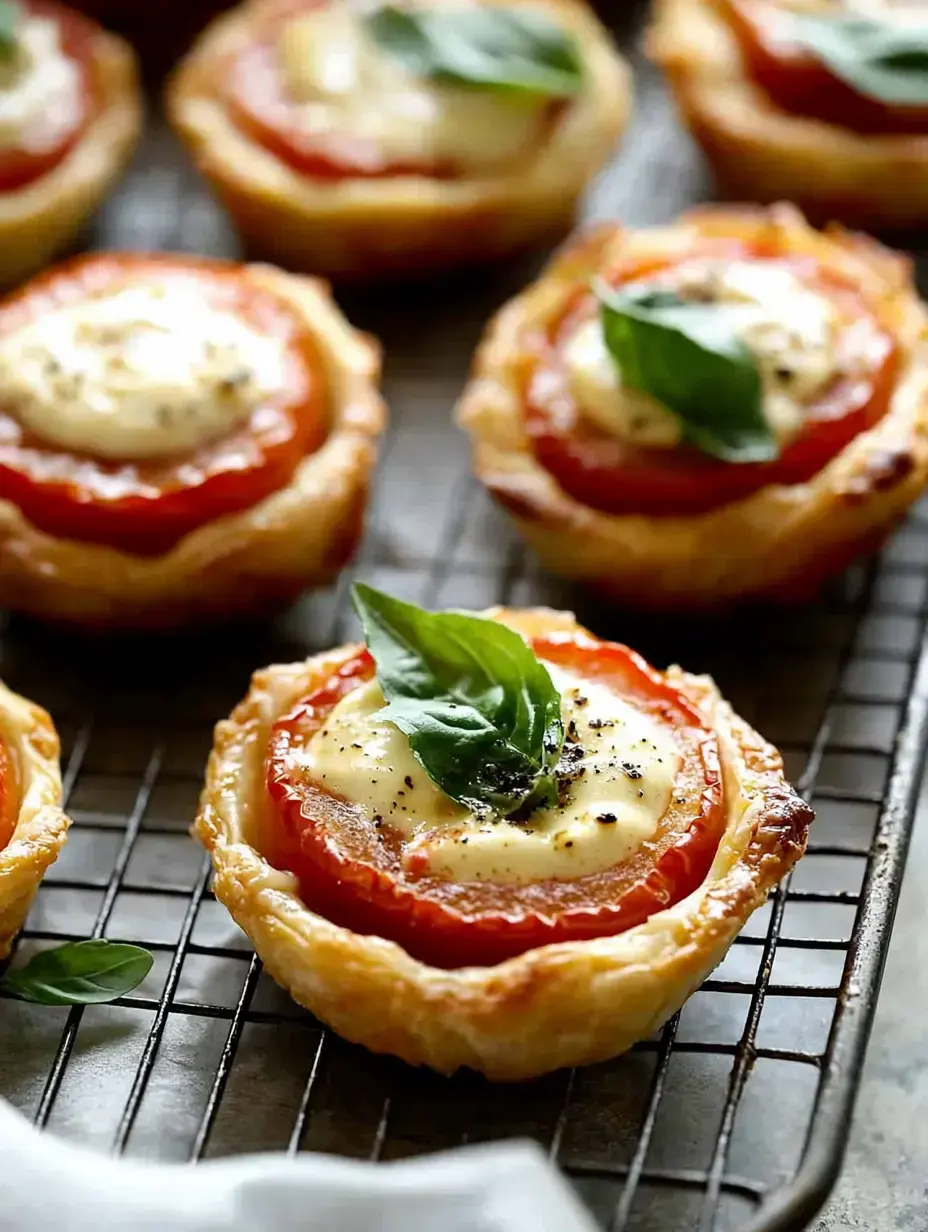Un gros plan de tartelettes individuelles garnies de tomates, de fromage et de basilic frais, disposées sur une grille.