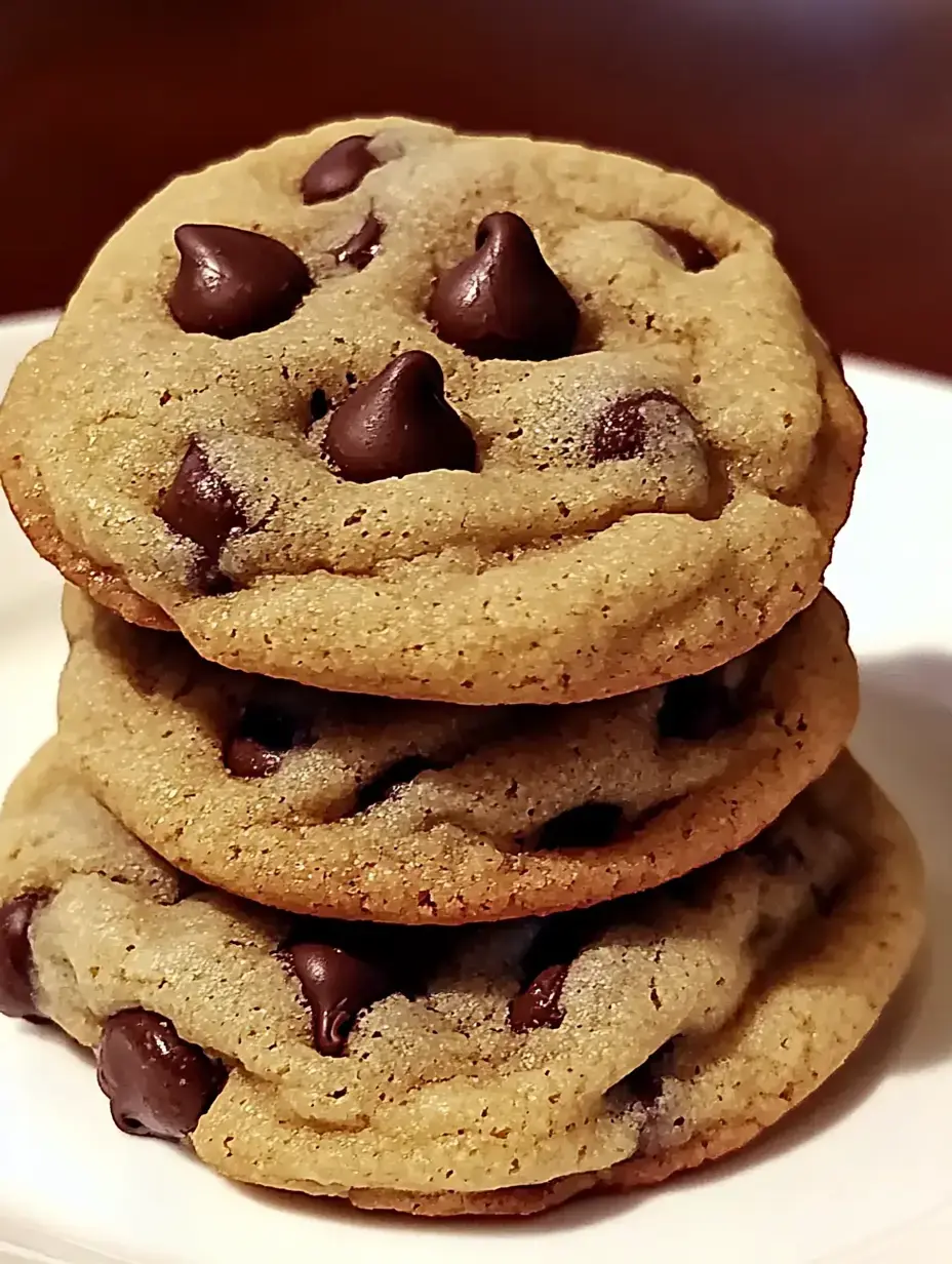 Trois cookies aux pépites de chocolat empilés sur une assiette blanche.