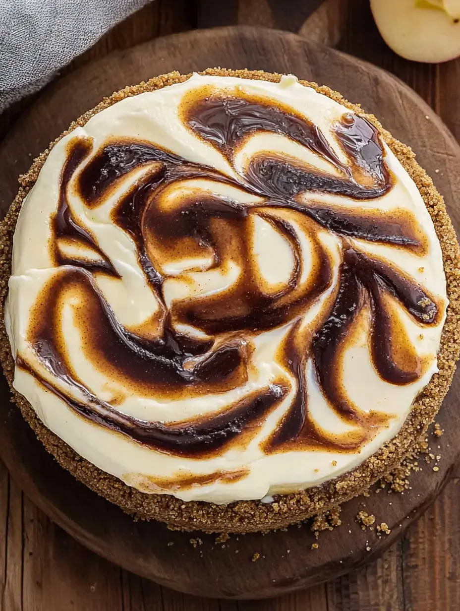 Une vue de dessus d'un cheesecake avec un motif tourbillonnant de chocolat brillant sur une croûte de biscuits graham, posé sur une planche de service en bois.