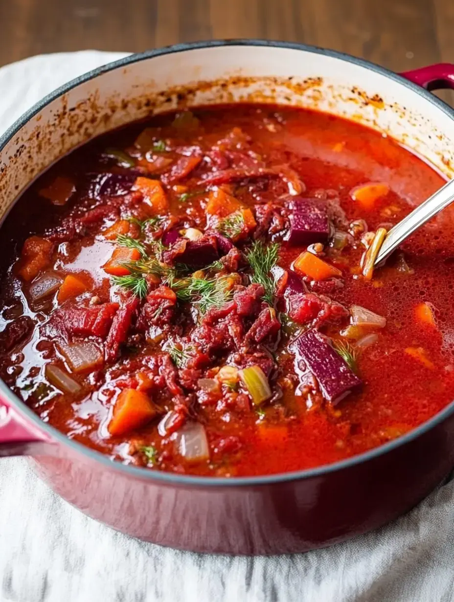 Une marmite de soupe rouge riche remplie de divers légumes, notamment des betteraves et des carottes, garnie d'aneth frais.