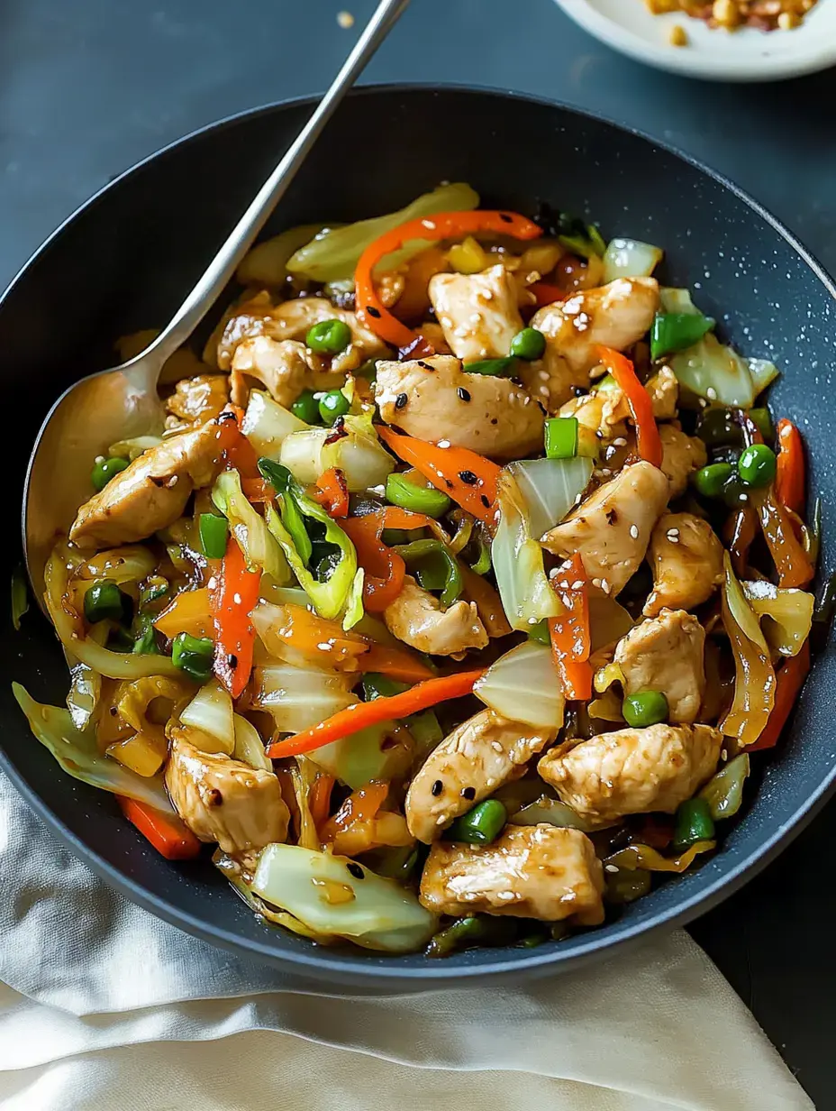 Un bol vibrant de poulet sauté avec des légumes colorés, incluant des poivrons et des petits pois, garni de graines de sésame.