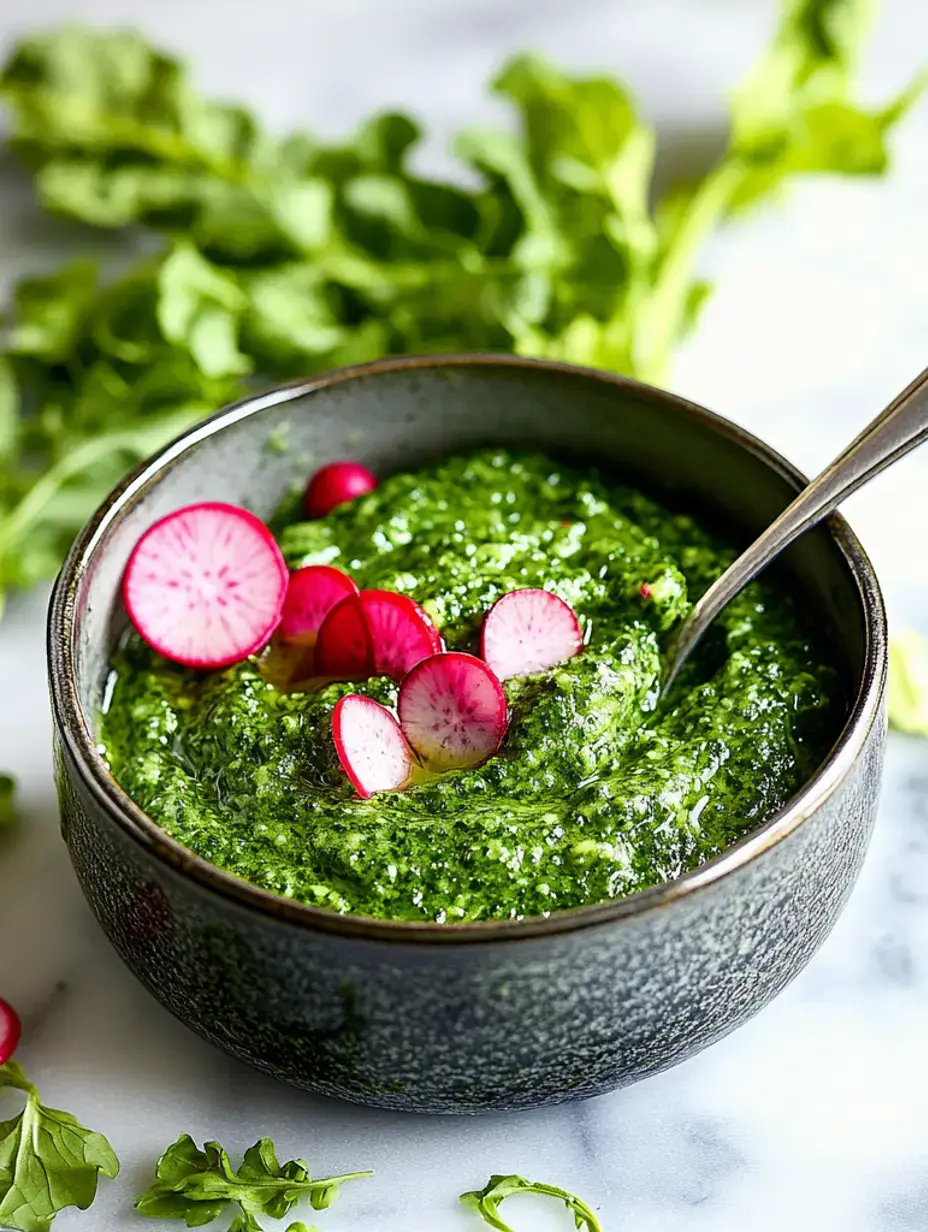 Un bol foncé rempli de pesto vert vif garni de radis tranchés, entouré de verdure fraîche.