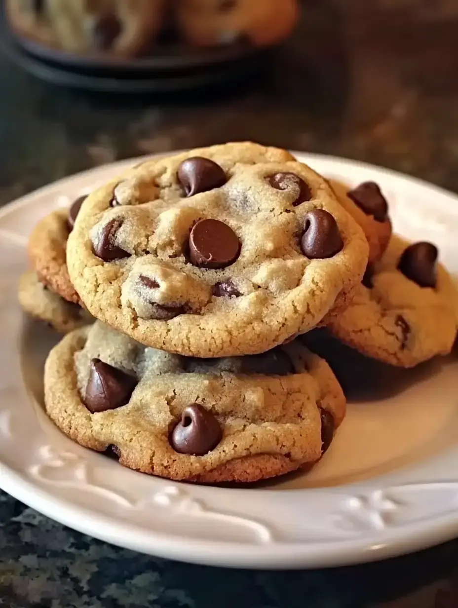 Une pile de cookies aux pépites de chocolat présentée sur une assiette blanche.
