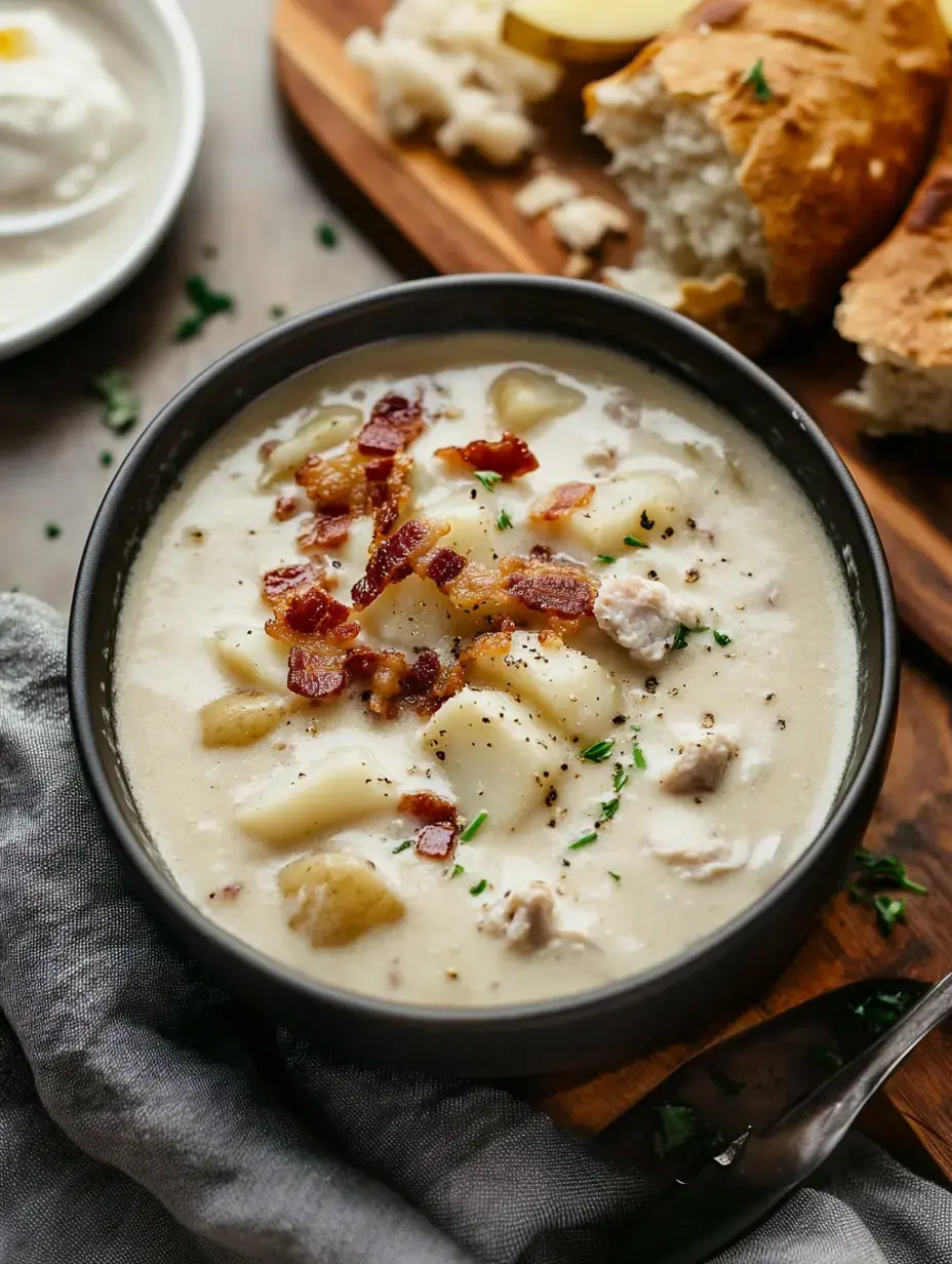 Un bol de soupe crémeuse avec pommes de terre et bacon, servi avec du pain sur une planche en bois.