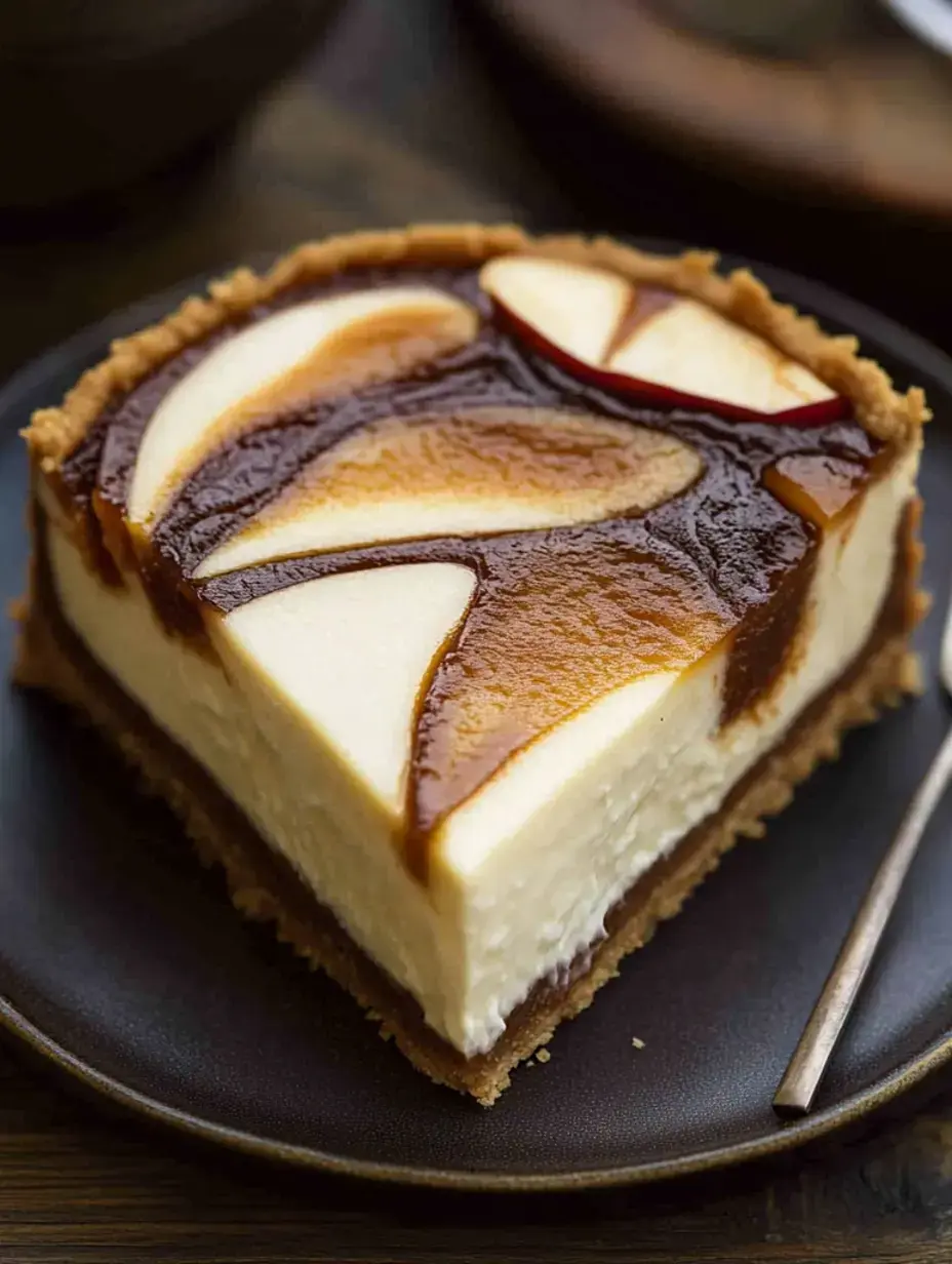 Une part de cheesecake avec un nappage brillant au caramel et des tranches de pomme décoratives, posée sur une assiette sombre.