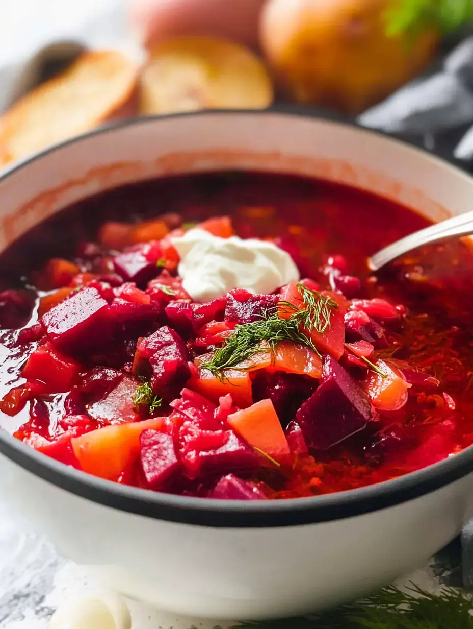 Un gros plan d'un bol de soupe borchtch rouge vif garni d'une cuillerée de crème aigre et d'aneth frais, entouré d'ingrédients comme des pommes de terre et du pain en arrière-plan.